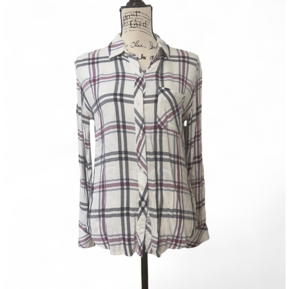 Rails Hunter Plaid Button Down‎ Shirt Small Chico Petit White Purple Black EUC